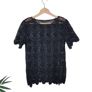 Banana Republic Black Floral Lace Short Sleeve Top Size XS Coquette Office